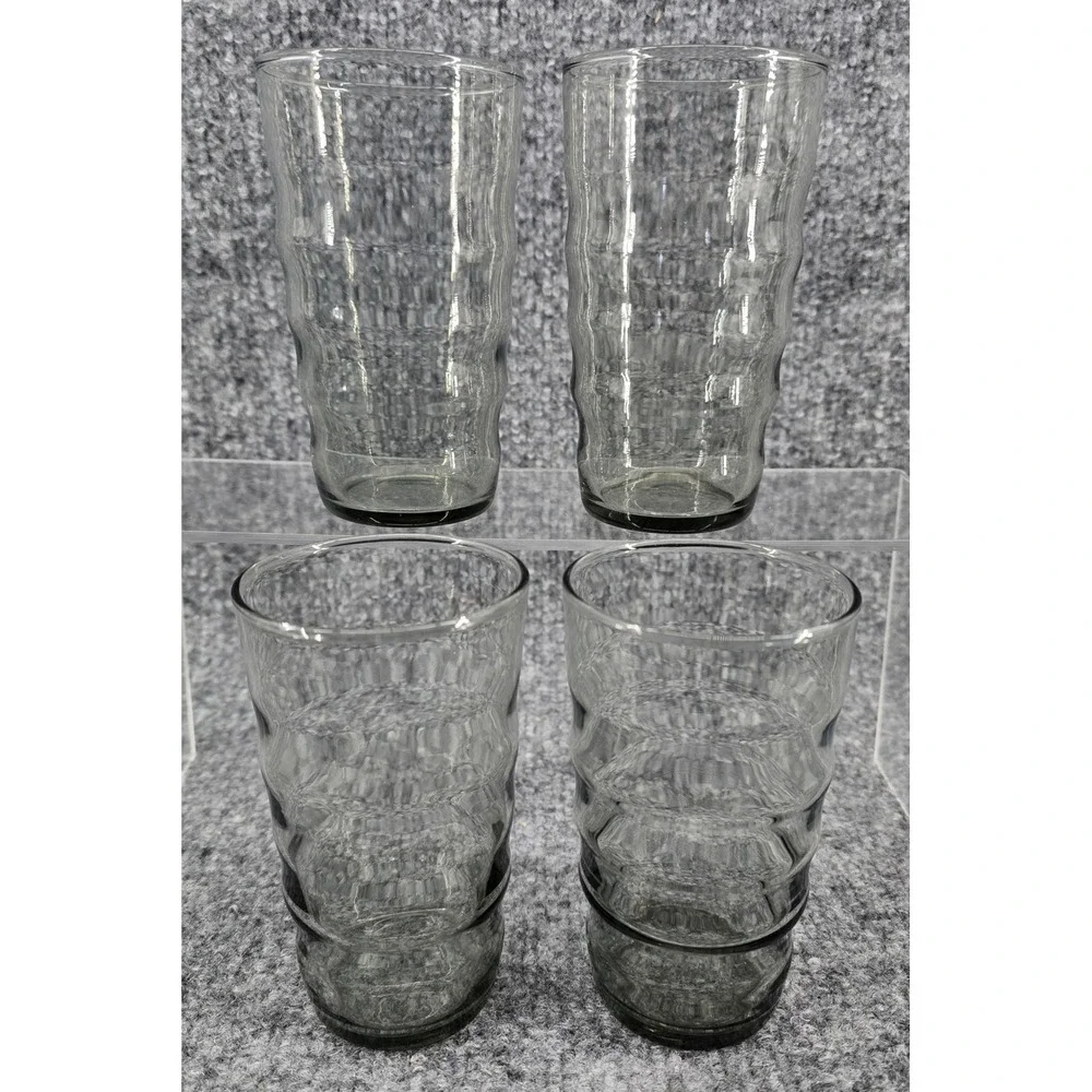 Vtg Set of 4 Smoke Gray Glass Tumbler 5 in Rippled Beehive Wavy Juice Sized